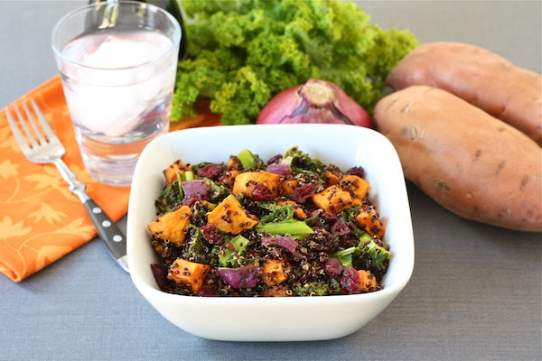 Quinoa Salad with Roasted Sweet Potatoes, Kale, Dried Cranberries, & Red Onion